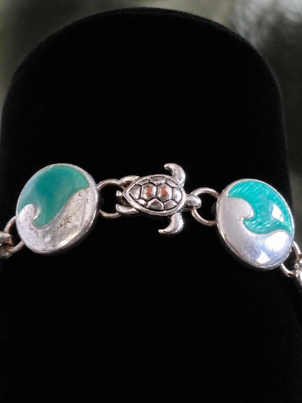 Silver Turtle Link Bracelet with Teal‎ Wave Accents